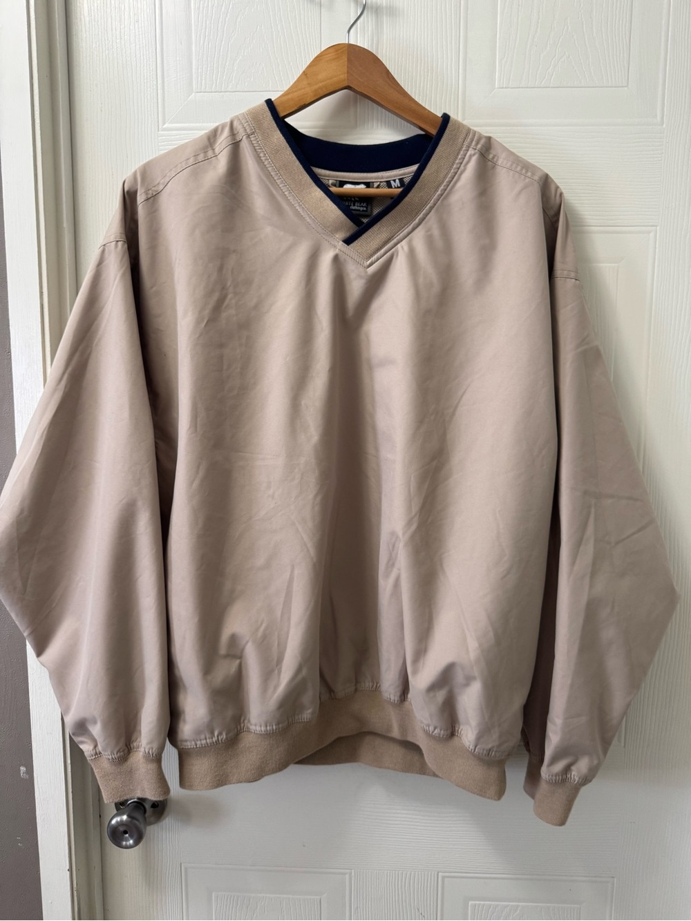 White Barn Men's V-Neck Pullover Sweater - Beige Body with Navy Trim